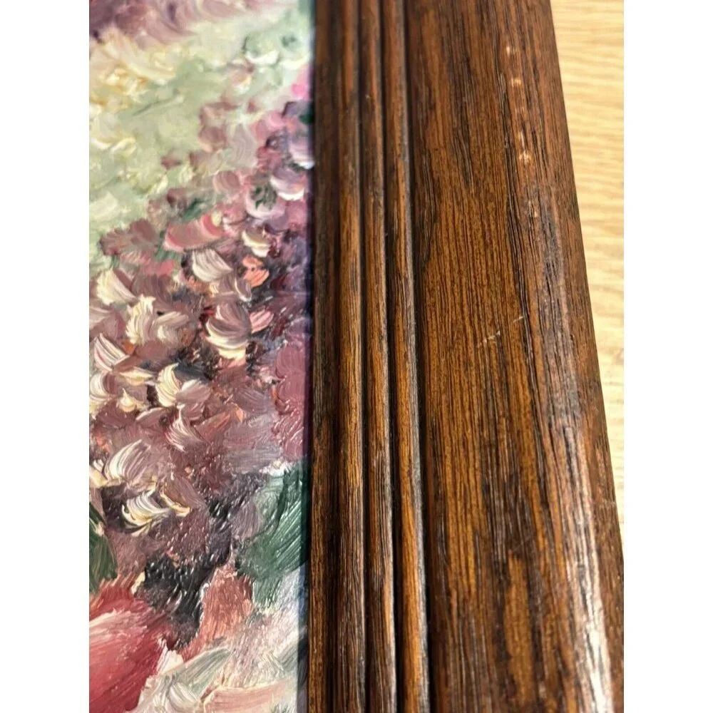 Vintage Oil on Board Mid Century BEAUTIFUL Floral Tulips Lilacs Wood Frame